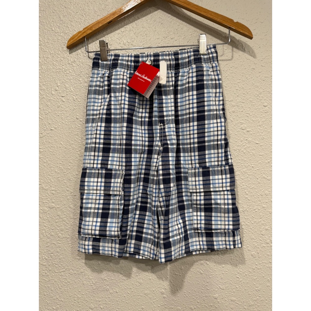 NWT Hanna Andersson Boys Blue White Plaid Pull On Cotton Cargo Shorts Sz 10 140